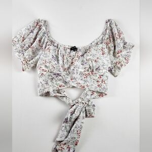 Papermoon Womens Cropped Floral Top. Balloon Sleeve Ties in Back Keyhole Sz Med
